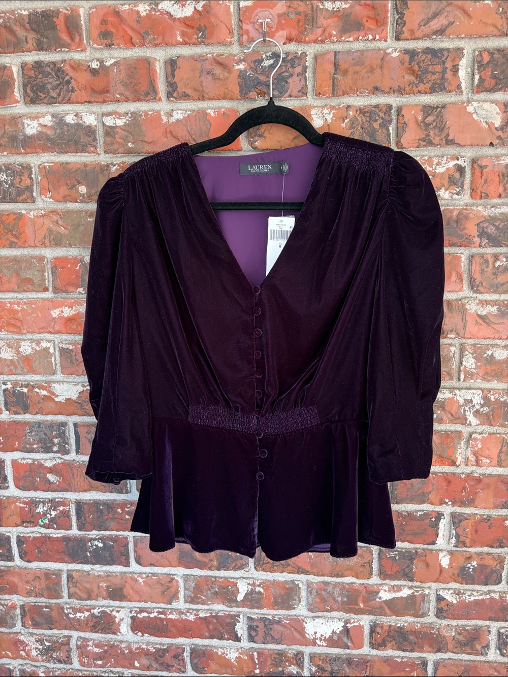 Lauren Ralph Lauren Purple Velvet Button-Front Peplum Top